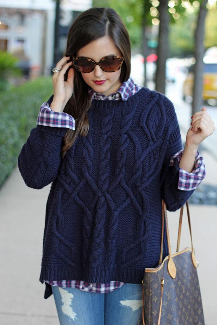 camisola de lã-mulheres-azul escuro tranças camisa padrão xadrez