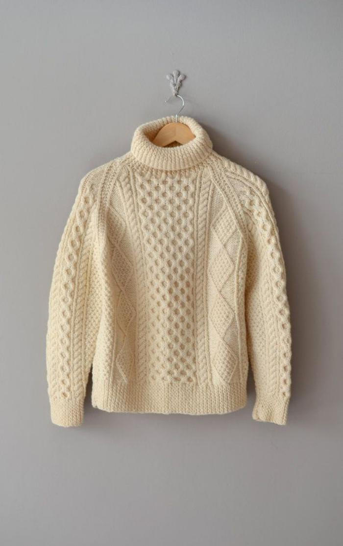 camisola de lã-mulheres-irlandês cor Knitting padrão de creme