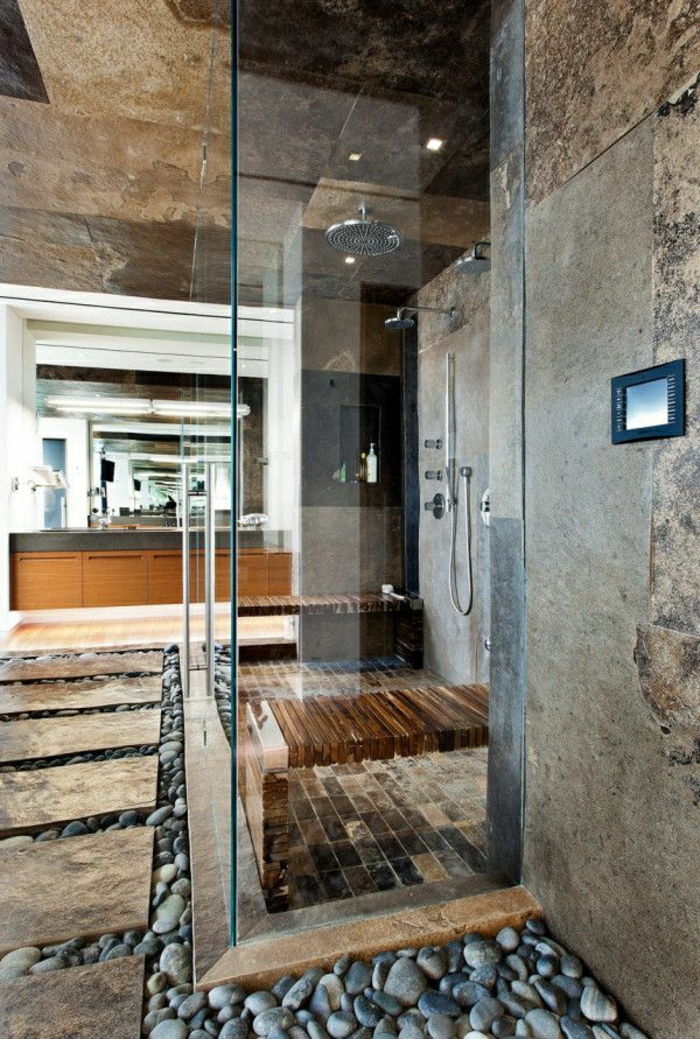 paredes de tijolo cabine de duche de vidro espaciais pedras decorativas