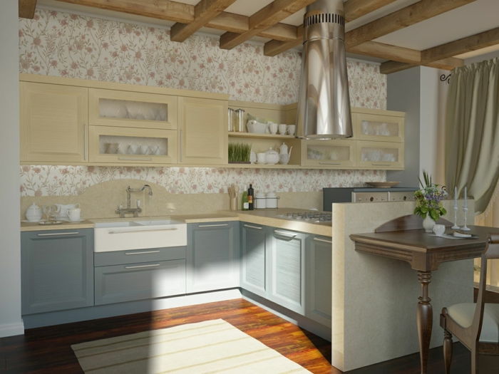 priestorové kuchyňa vo vidieckom štýle romantickej retro tapety