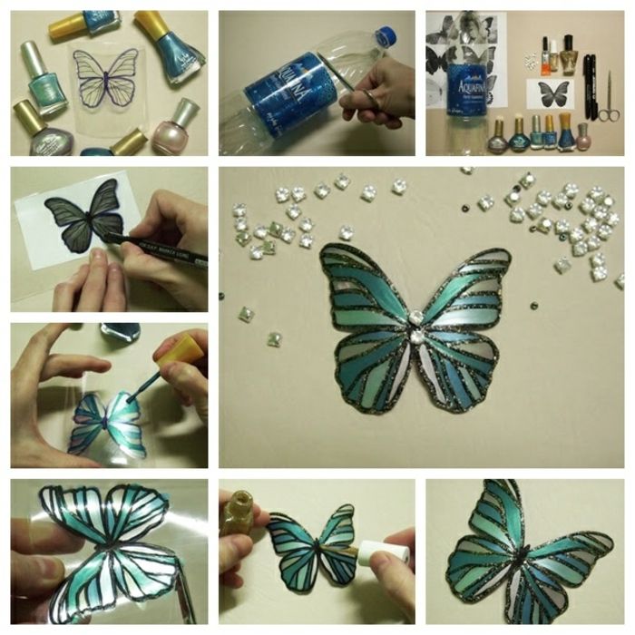 dekorácia s fľašami, motýlik z plastu, kamienky, lak na nechty