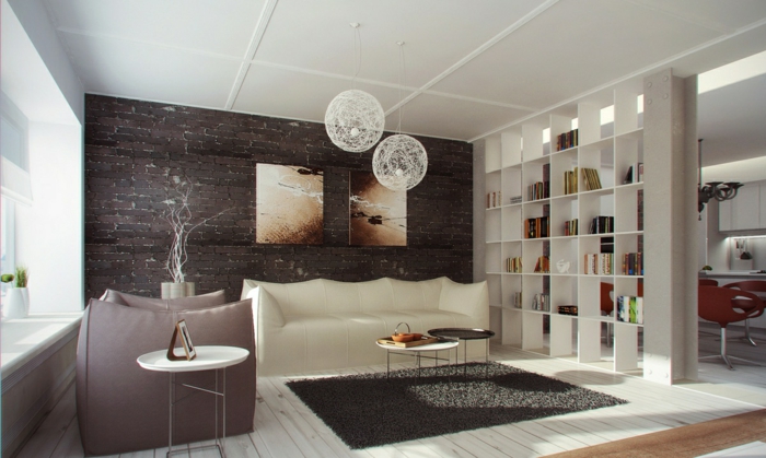 kunglig-rumsavdelare-etablering idéer-small-apartment-partition-shelf-matsal-vardagsrum-vit-soffa-plysch matt trägolv runt-soffbord Round-ljuskrona