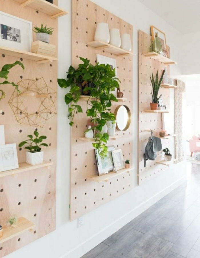 -Own-build-shelf Regal system-of-wood-many-planta verde-vasos-espelho-imagens-fotos