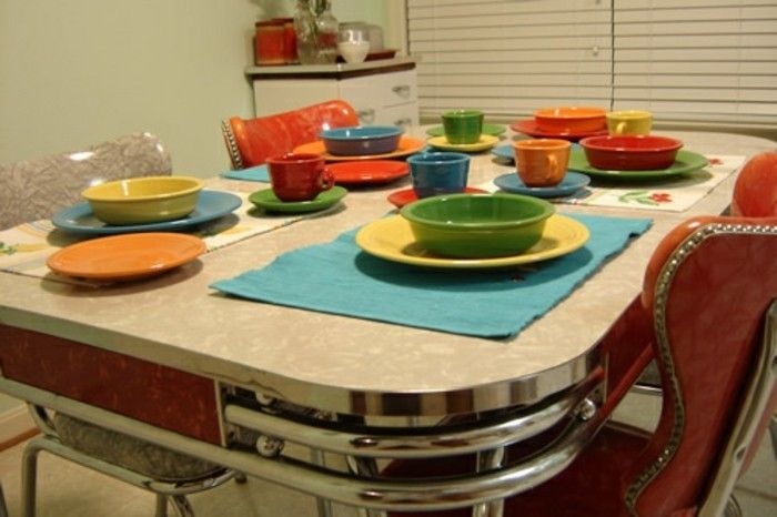 retro-dekorasjon-in-the-kjøkken-fargerike servise-attraktiv-tabellen design