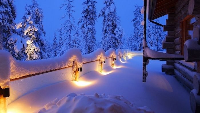 et hus og en terrasse med snø - en skog med mange store trær og natt - vakre vinterbilder