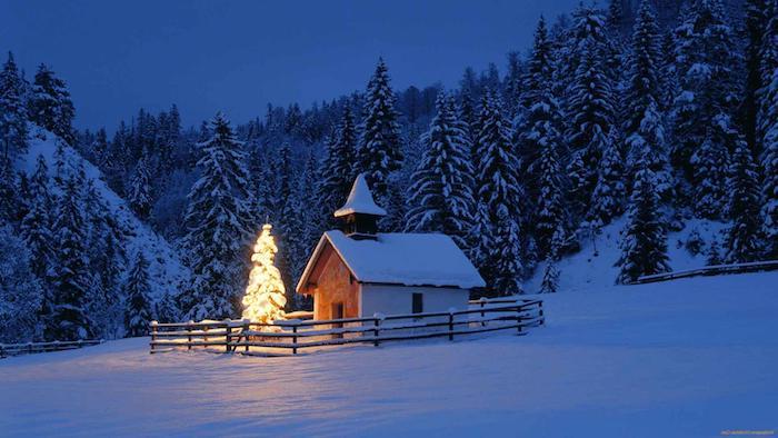 maža bažnyčia su eglute naktį - medis ir sniegas - romantiška žiemos nuotrauka