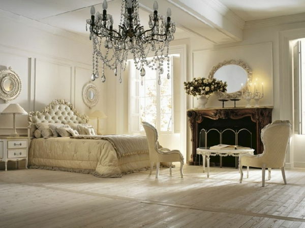 romanticko-spálňa-design-aristokratický-luster-and-round-zrkadlo