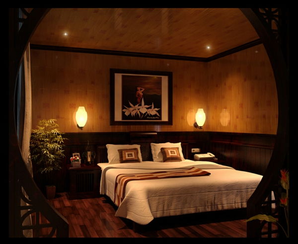 romantiškas miegamasis projektavimo-šilta spalvų schemos ir moderni lova