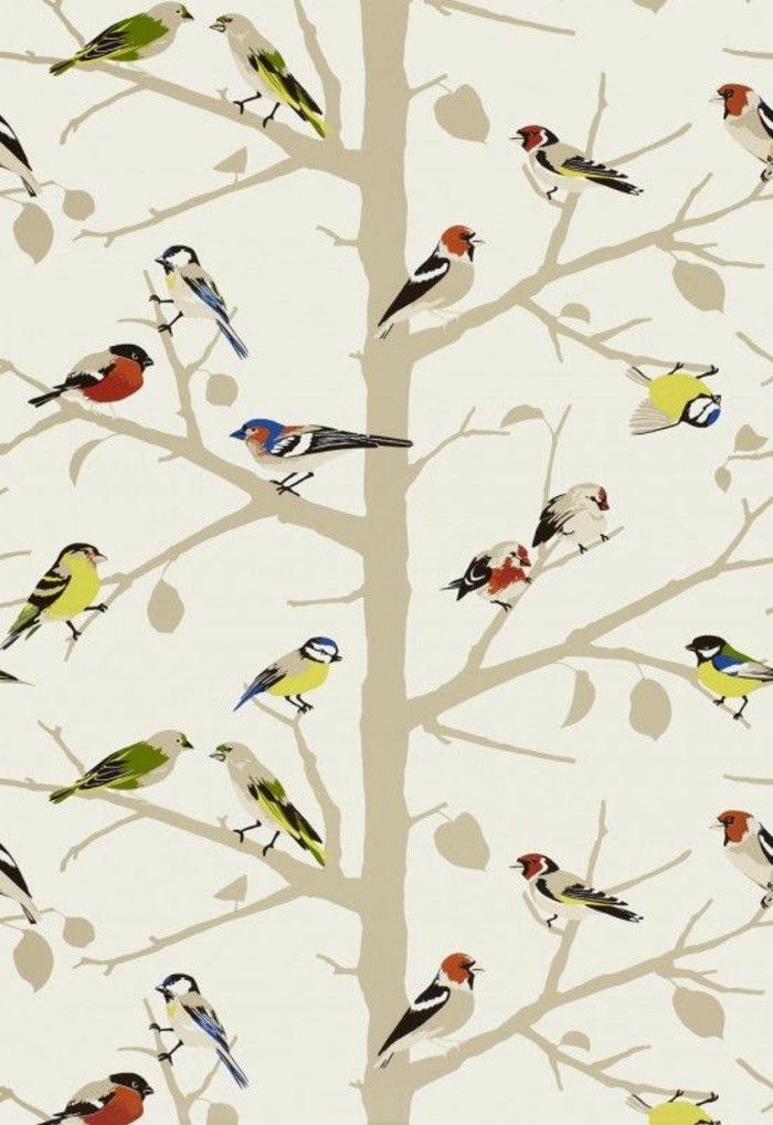 romanticko-wallpaper-vzor Vtáky Stromy