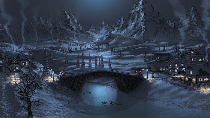 zimná scéna s malej dedinke s množstvom malých domov a stromov, rieka a veľký most