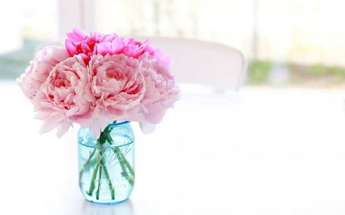 Peonies in mason kozarec, roza cvetovi, idealen cvet za poročne šopke