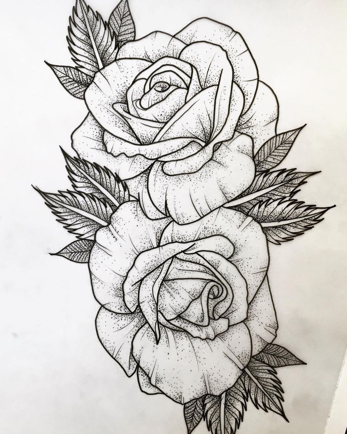 oto szablon tatuaży róż - tutaj są dwa duże białe tatuaże z czarnymi liśćmi