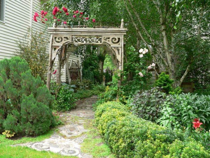 rose arch-green off-wood-grass-in
