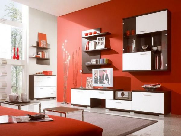 rød vegg farge moderne interiørdesign idé