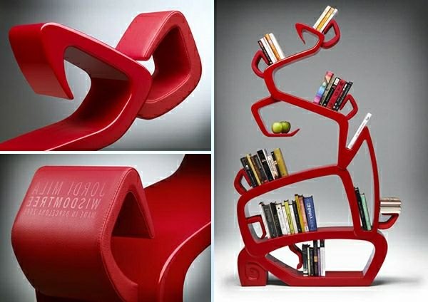 rødt tre bokhylle design - interessant form