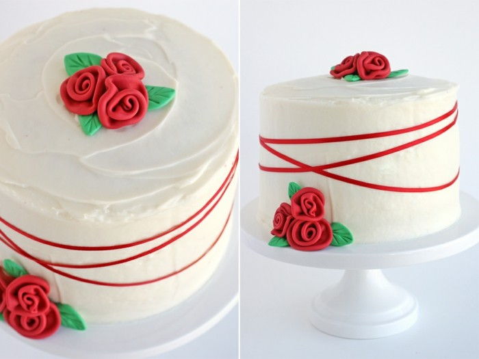 červeným zamatom torta-s-bielo-fondant krytiny-červeno-farebné fondant figúrky-roses-pie-svadobná torta