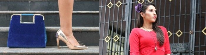roșu-rochie-combină-regal albastru-bag-auriu-pantofi-frumos-femeie-model pe scări