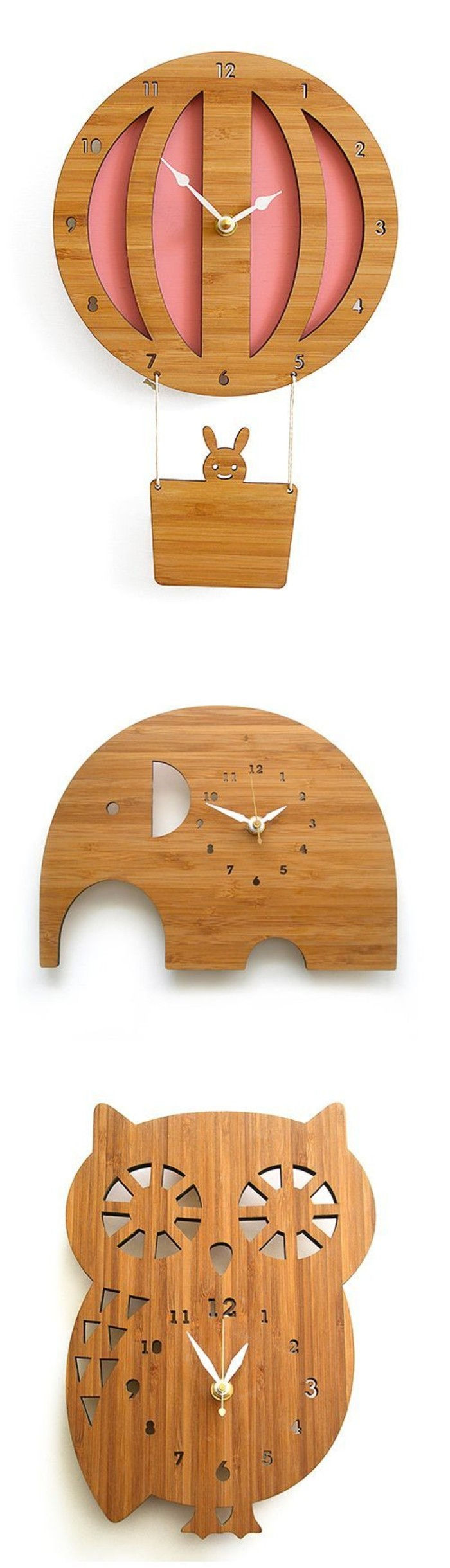 round-wall-clock-wood-wall-clock-ballon-hare-wall-clock-olifant-wall-clock-uil