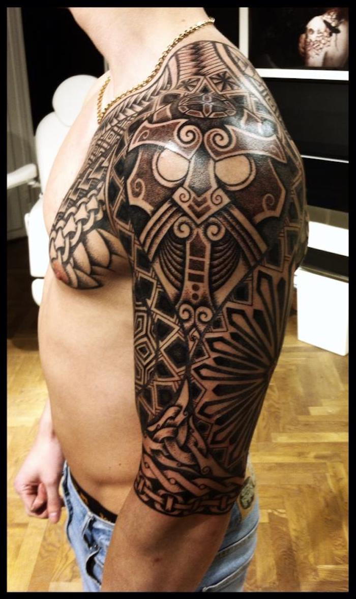 vikings tatovering, mann, bryst, tatovering, tatovering