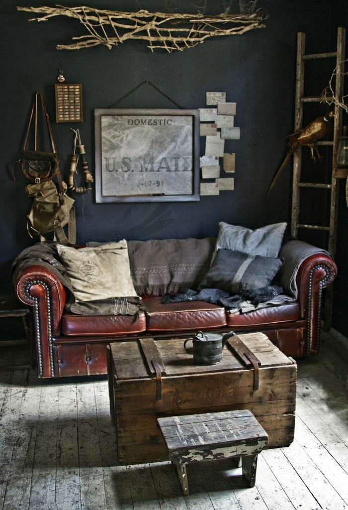 rustik stiliaus gyvenamasis kambarys dėžutė Medžioklė Priedai-bordo odos Chesterfield sofos