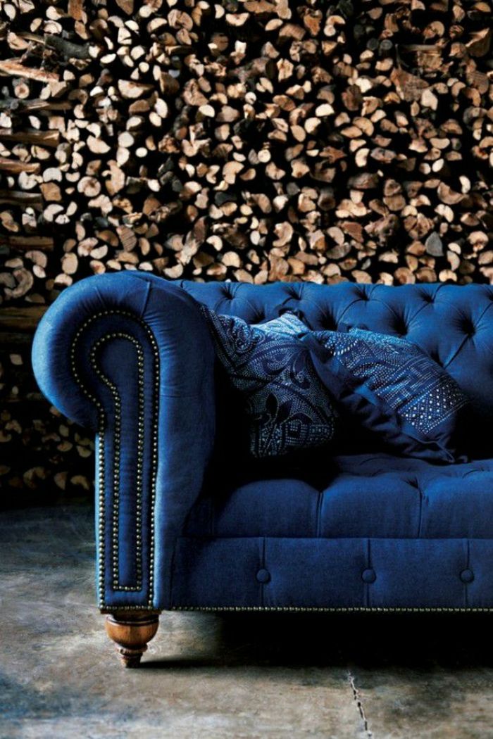 rustik Mėlyna Aksominė Chesterfield sofos