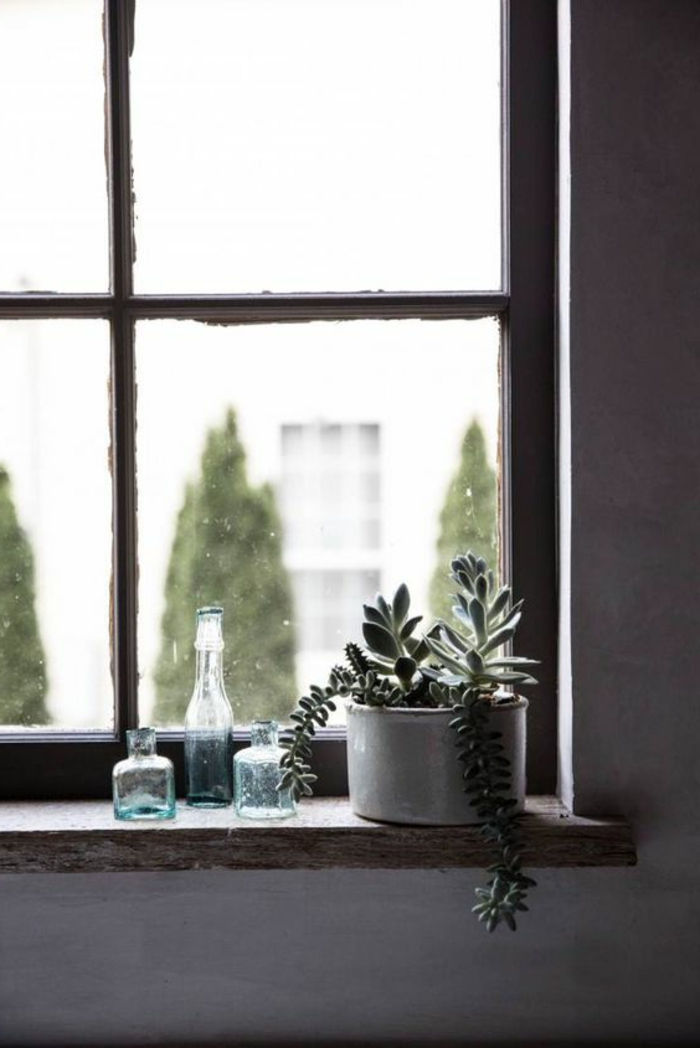 interni rustico rustico windowsill con deco vaso di fiori e bottiglie