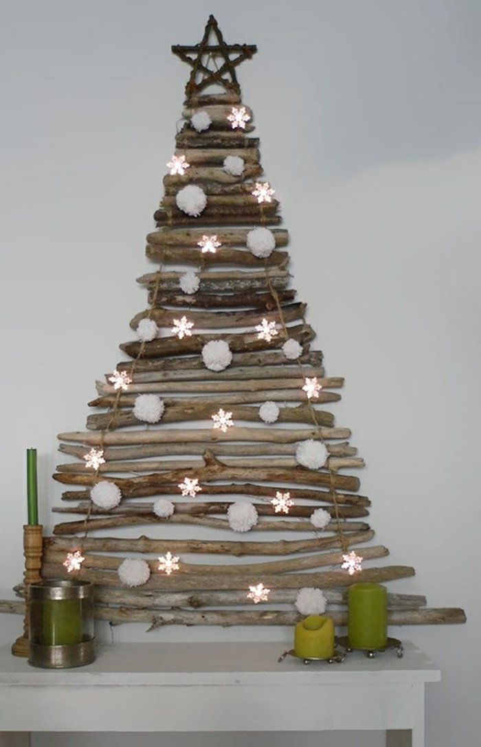kmečko-weihnachtsdeko-ideje-stena oblikovanje Božično drevo plošče nakit zelene sveče zvezdicami
