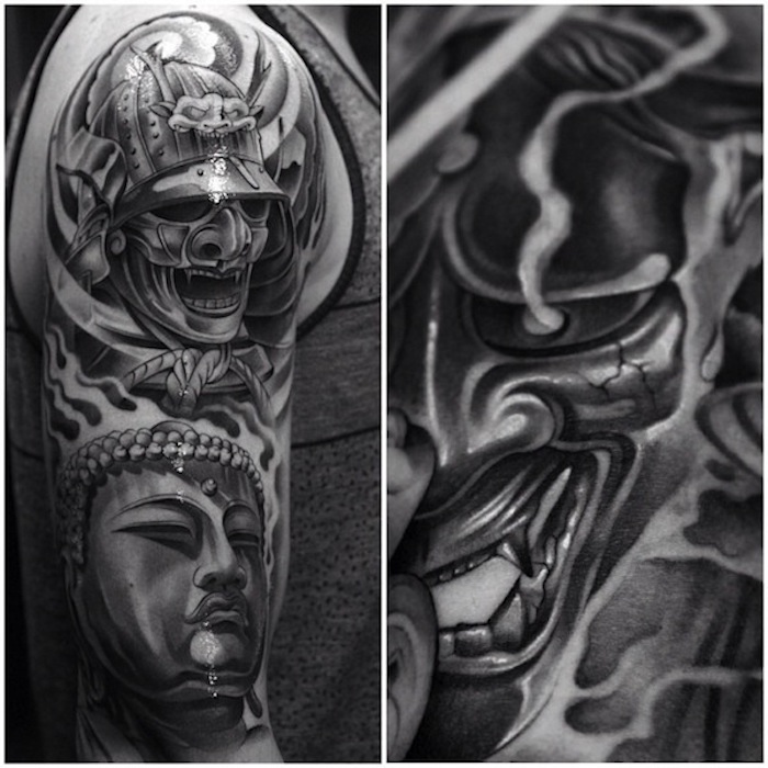 tatuaj samurai, bratul superior, tatuajul brațului superior, masca, cască, tatuaj japonez