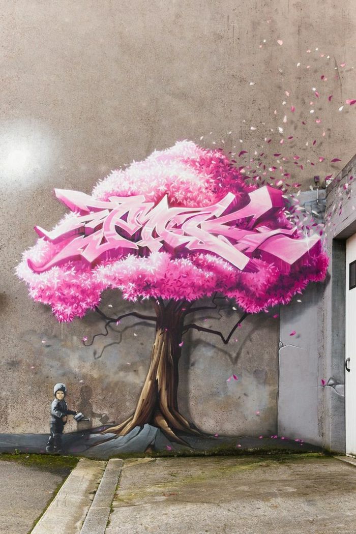nice-sztuka Chłopiec podlewania Drzewo arkuszy różowe grafitti