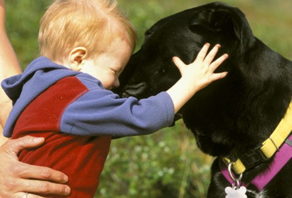 vacker-djur-bilder-a-baby-and-a-dog-barnet är glad