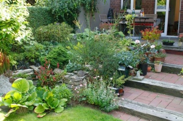 vackert framträdande trädgårds-trappa-självbyggande-många gröna växter
