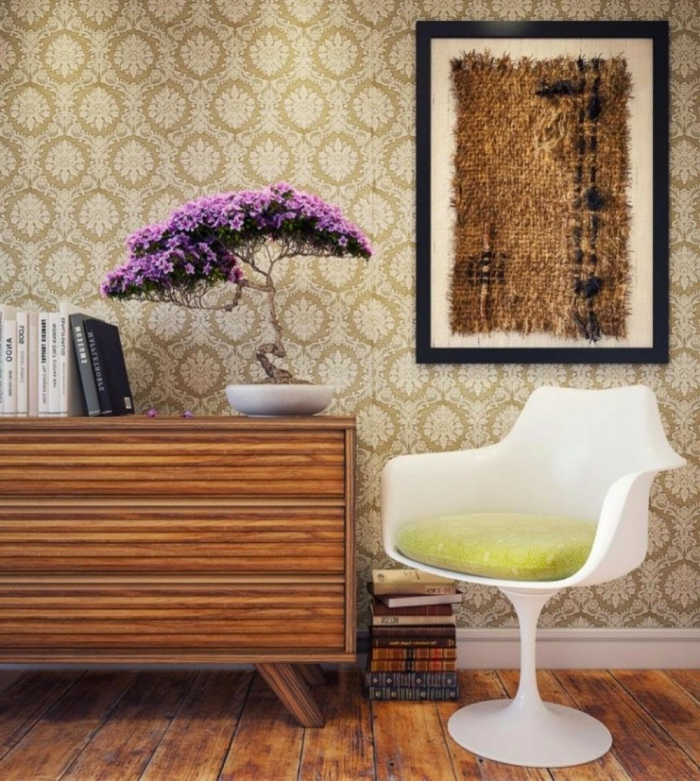 krásny interiér, vintage a moderný nábytok zaujímavé nástenné dekorácie retro tapety