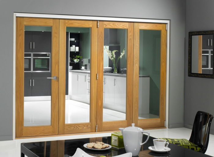 posuvné dvere, kuchynská linka-sklenené dvere-zhrňovacie dvere-drevo-sklo-black-jedálenský stôl maľované zelenej kuchyne múr vzor kisse