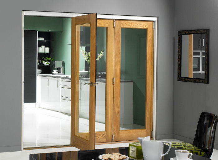Posuvné dvere-kuchyňa-harmonika dverí sklo-drevo-zeleno-wall-black-jedálenský stôl, zrkadlo-black-plastová stolička