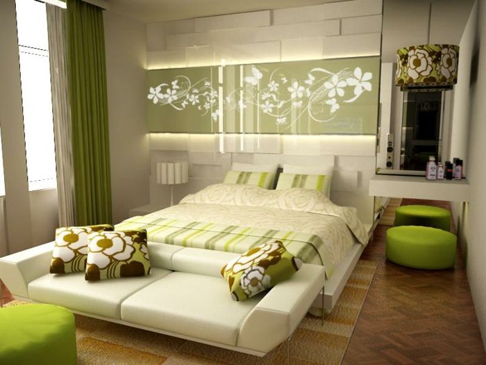 spálňa-Deco-nápady-moderný bed-zeleno-stolička