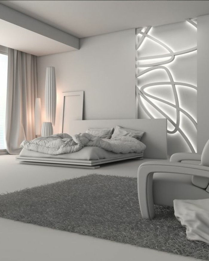 slaapkamer-decoreren-minimalistische stijl-muur-met-verlichting bedden