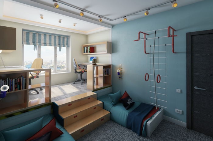 dormitor pentru idei de băiat cameră cu două etaje alpinism sport conducere joacă învățare în cameră