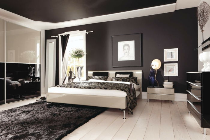 modern yatak odası kurulumu - beyaz ve siyah nüanslar