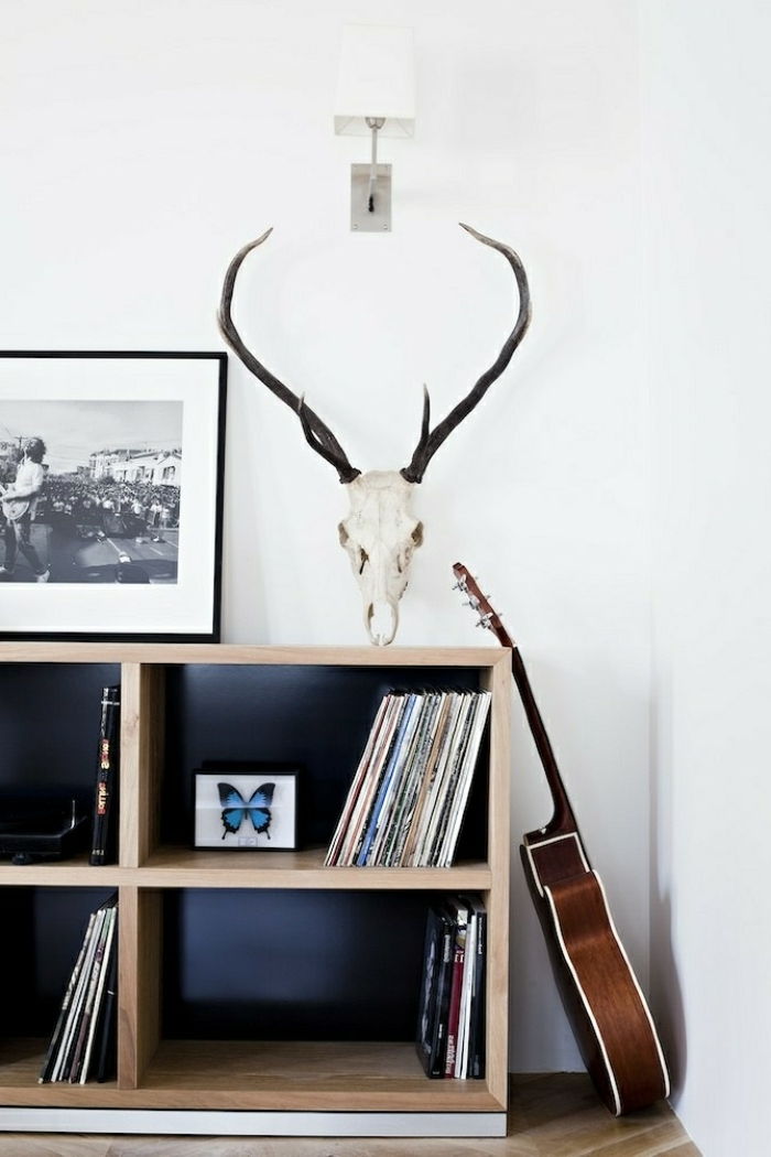 estantes interiores simples, rústico-Dekoartikel-preto-e-branco foto-acústica guitarra