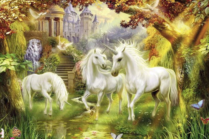 trei unicornuri albe, pădure cu copaci și un castel - imagini fanteziste de unicorn