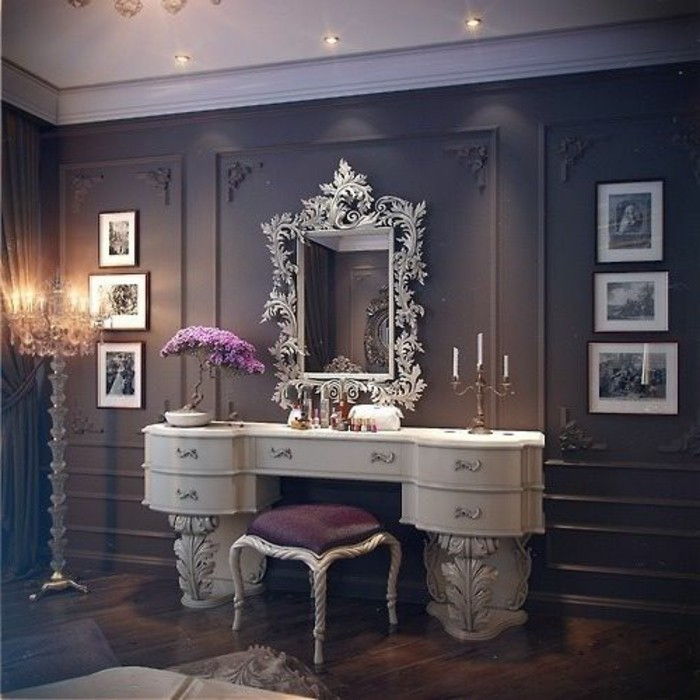toaletný stolík-s-stolice-fialové-stolička-zrkadlo-s-silberenem rámu