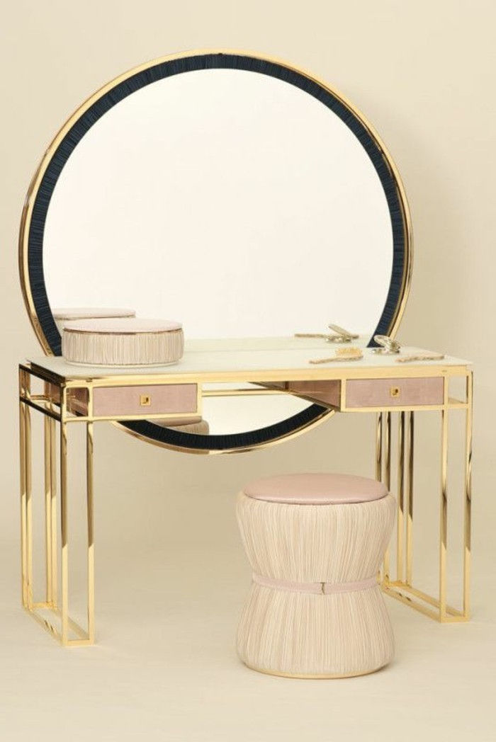 toaletný stolík-s-stolice-okrúhlym zrkadlovo ružový toaletný stolík-béžovo stolice