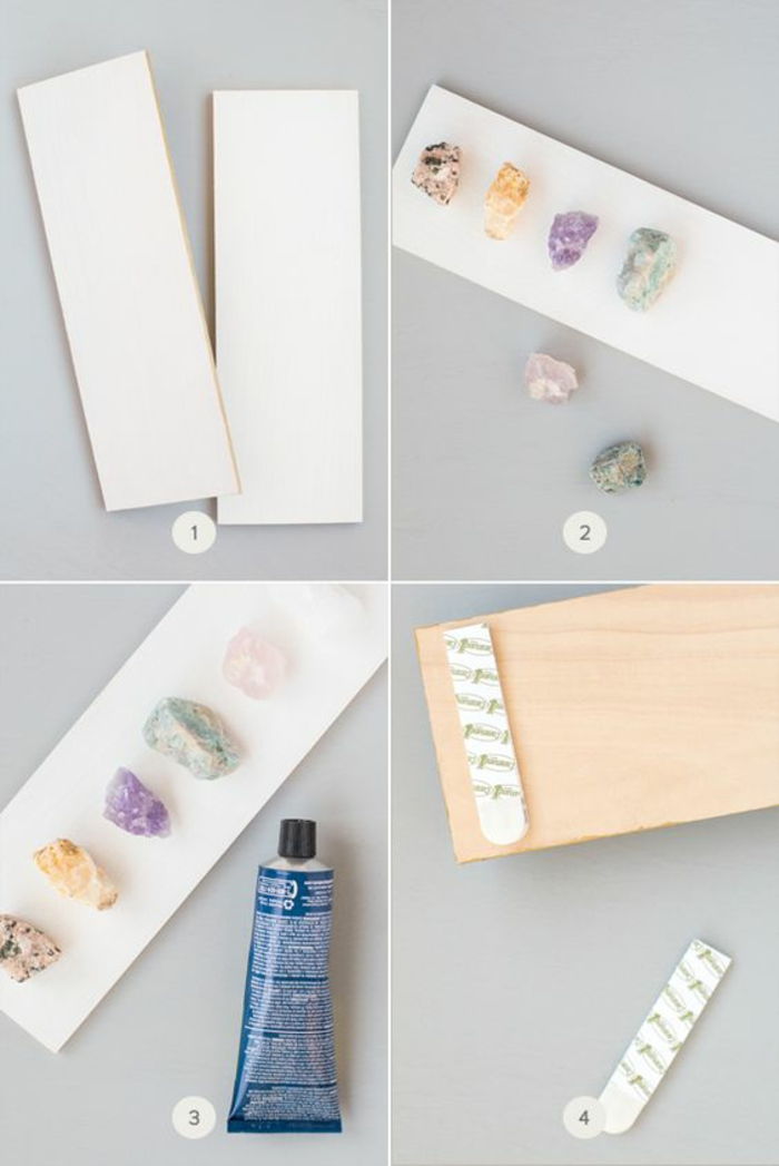 witte houten planken, kleurrijke stenen, zelfklevend, diy kettingstandaard