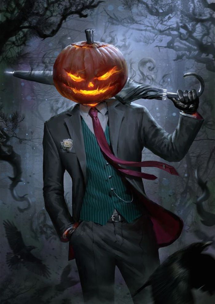 uma abóbora de halloween da cabeça de um monstro em traje - fundo de halloween