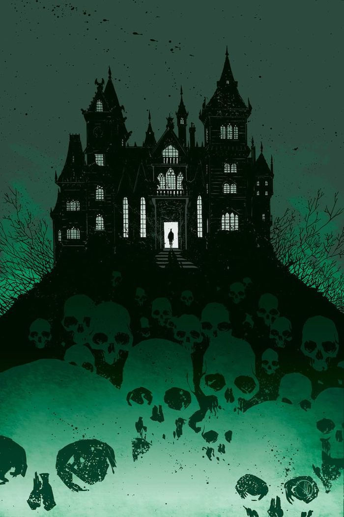 hrad s strašidelnými lebkami, ktoré spôsobujú - Halloween pozadie