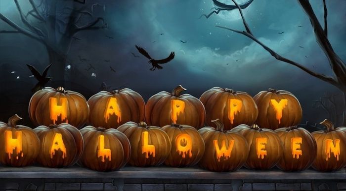 Happy Halloween-foto's - inscriptie gesneden op de Halloween-pompoenen