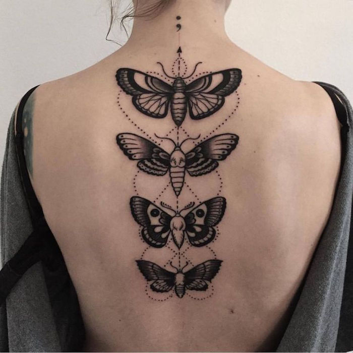 Powrót tatuaż dla kobiet, cztery motyle, wspaniałe wzory tatuaży kobiet