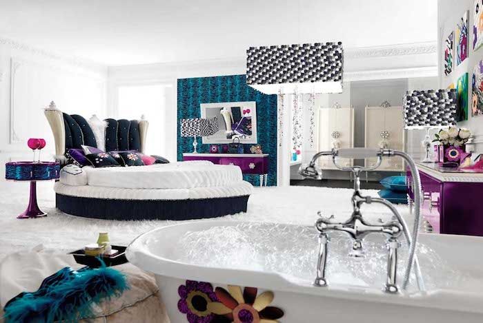 Postele pre teenagerov - biela, okrúhla posteľ v luxusnej miestnosti pre mládež