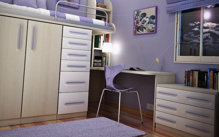 Paauglių kambario idėjos - violetinė spalva, violetinė kėdė, violetinė pakratai, purpurinė kilimas