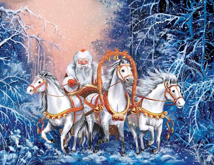 tre hvite hester - en skog med store hvite trær og snøflak